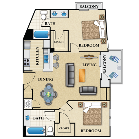 Floor plan for 2 beds, 2 baths, 1048 sqft